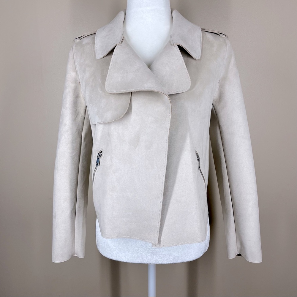 H&M Light Beige Faux Suede Cropped Short Open Front Moto Jacket Womens XS